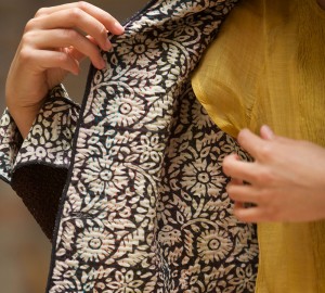 short kantha velvet jacket combined with block printed kantha