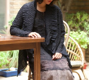 shibori silk georgette dress with hand embroidered silk cotton short jacket