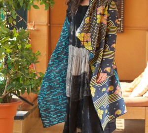 kantha long jacket with black and white georgette silk
